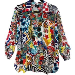 Shana Multicolor Art Print Button-Down Collared Blouse Artsy Size Large L